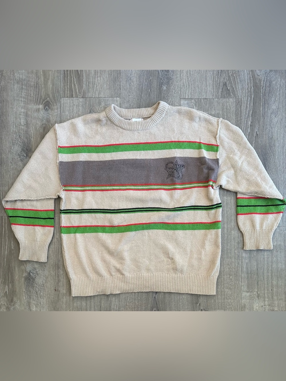 BDG Cream Crewneck Sweater with Green, Red & Gray Stripes